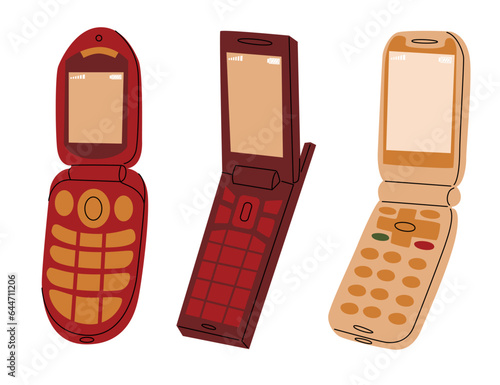 Set with three flip phones in 90-00s y2k retro style. Blank screen. Wireless mobile phone generation. Vector illustration isolated on white background.
