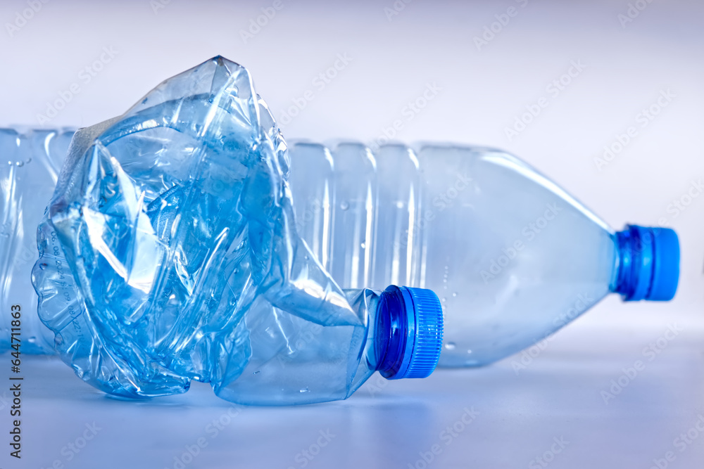 Recyclable plastic bottle: before and after crushing, plastic recycling Recyclable plastic bottle: before and after crushing, plastic recycling