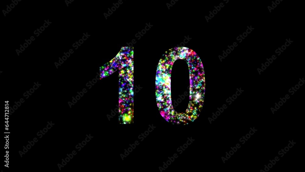 Beautiful illustration of number 10 with colorful sparkles effect on plain black background