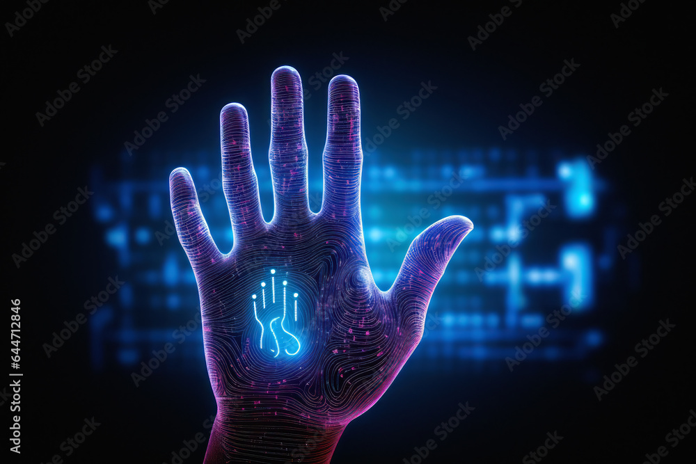 Hand in fingerprint concept illustration. Exploring the future of biometric technology, digital security, and human connectivity in the modern age of information and innovation