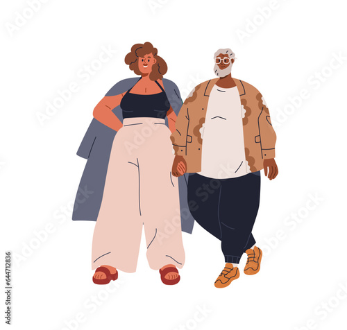 Happy couple, fat man and chubby woman. Chunky people in romantic relationships. Plus-size biracial characters of different race, age. Flat graphic vector illustration isolated on white background