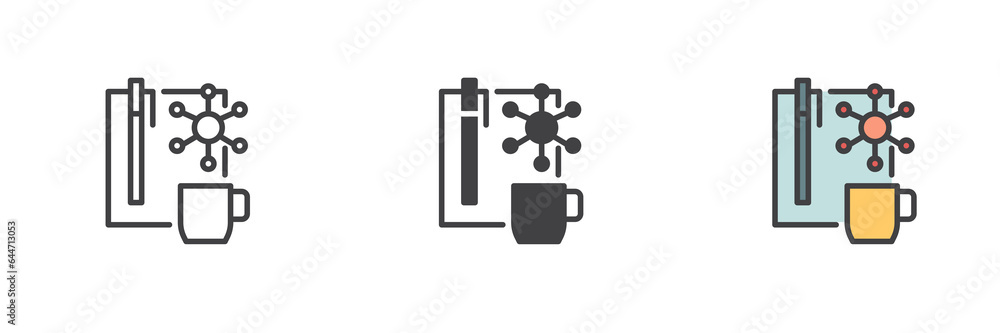 Planning list and cup of coffee different style icon set Planning list and cup of coffee different style icon set