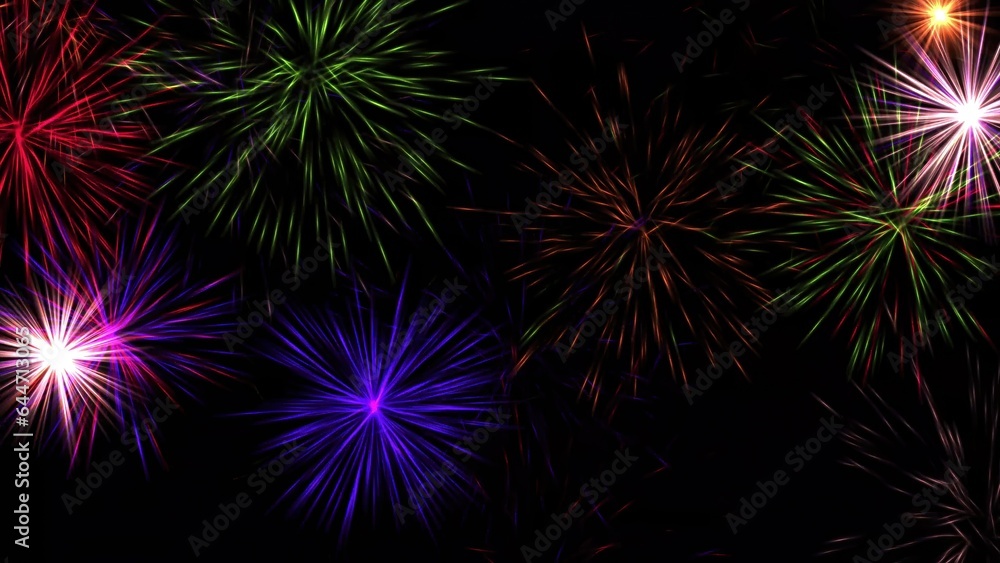 Beautiful illustration of colorful fireworks on plain black background