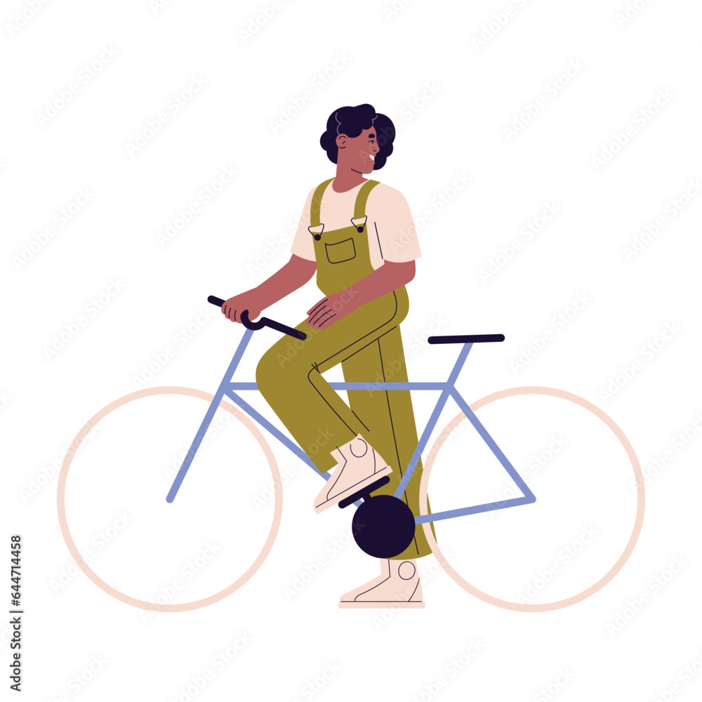 People ride on eco friendly transport. Woman in jumpsuit standing with bike. Girl hold cycle, smile and looking back. Person has active lifestyle. Flat isolated vector illustration on white background