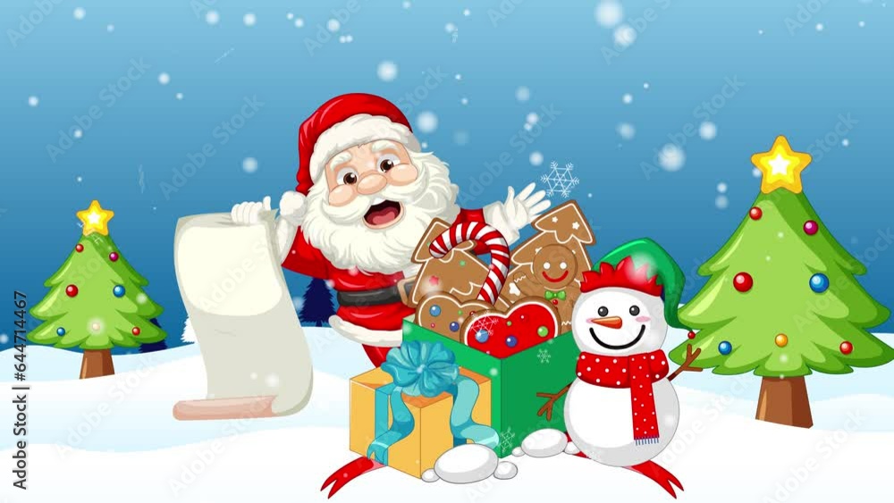 Cold winter outdoor landscape with snowflakes falling from the sky. Santa holding a paper roll with a gift box full of sweets. Cold winter outdoor landscape with snowflakes falling from the sky. Santa holding a paper roll with a gift box full of sweets.