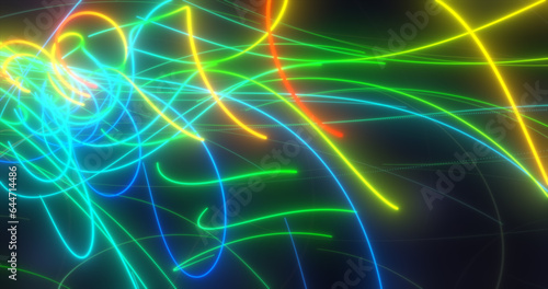 Abstract multi-colored rainbow neon energy laser lines flying on a black background