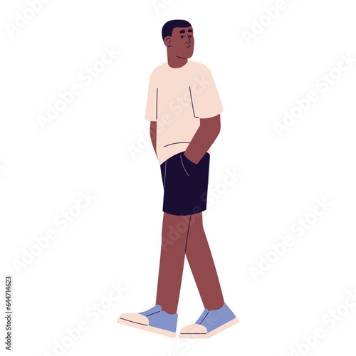 People walking in loneliness. Young black man wearing oversize clothing strolling with hands in pockets. Boy in casual outfit. Person in look in urban style. Flat isolated vector illustration on white