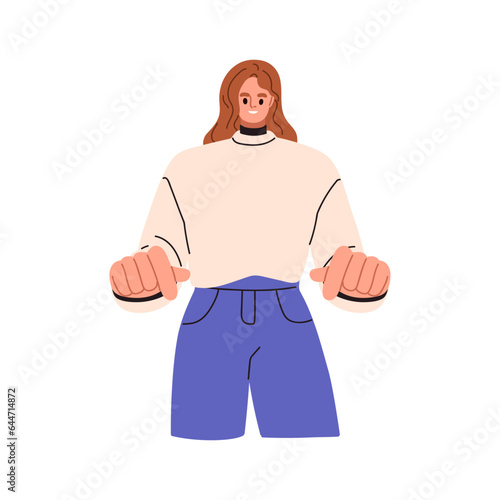 Woman pointing down with fingers. Happy young girl, advertising, showing something. Female character presenting, indicating, gesturing with hands. Flat vector illustration isolated on white background