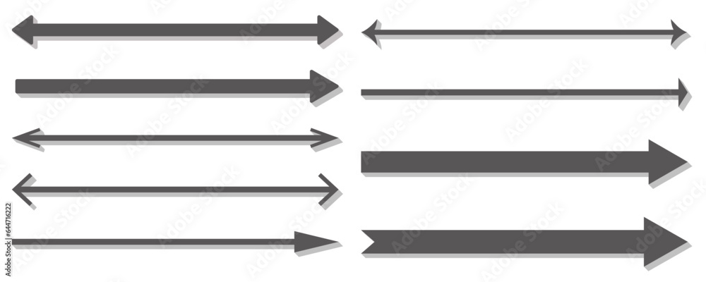Long straight arrow set. Horizontal right black lines. Basic simple pointer. Vector illustration isolated on white background Long straight arrow set. Horizontal right black lines. Basic simple pointer. Vector illustration isolated on white background
