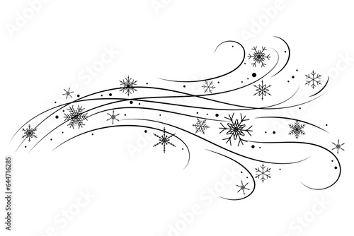 Snow wind doodle illustration. Flakes swirl blizzard. Wavy cold snowstorm. Vector wavy flow foe Christmas decoration