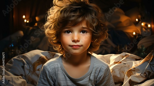 Portrait of a little smiling child with blond hair in her room © Aliaksandra