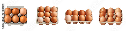 Six brown chicken eggs in a box separated on a transparent background