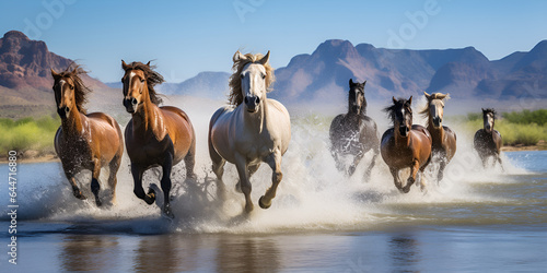 Herd of Wild Horses Running in Water stock photo, Beautiful Mongolian Horse royalty-free image