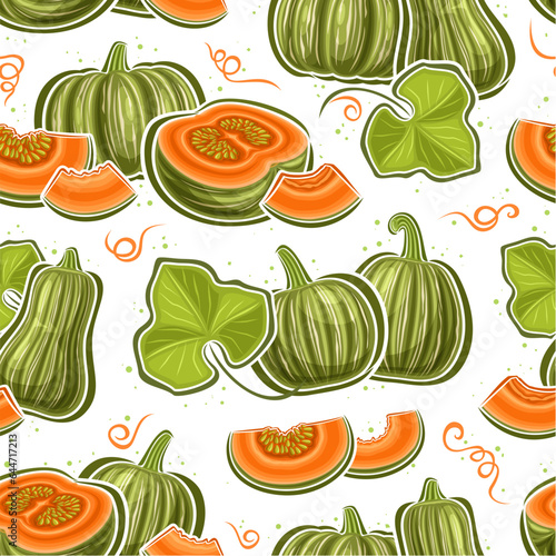 Vector Kabocha Seamless Pattern, repeat background with illustrations of asian kabocha still life compositions for wrapping paper, square poster with group of flying flat lay orange raw kabocha parts