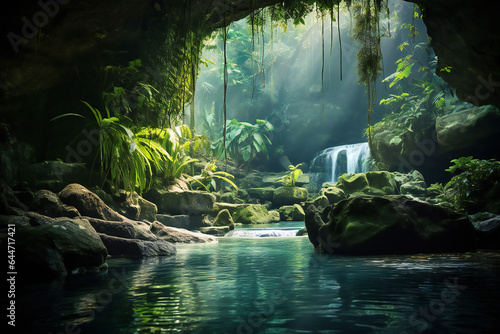 AI-generated image of serene and majestic nature with rivers, waterfalls and trees in a jungle-like forest © daikun