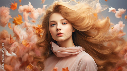 Elegant young woman with autumn flowers and leaves