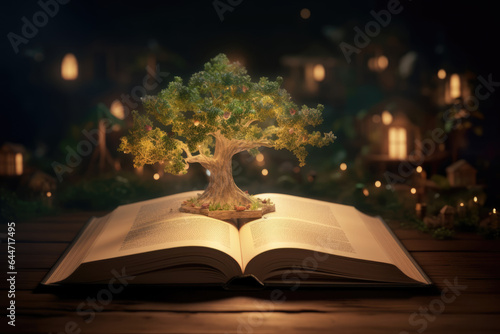 Open book and Fairy Tree. Fairy tale book. Fairyland book with a magical Oak Tree and magic lights. Fantastic reading world. Reading and imagination concept