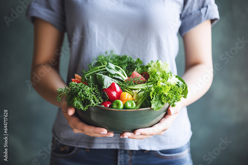 Woman holding bowl with fresh salad