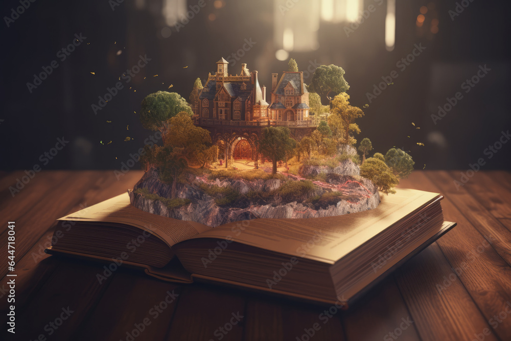 Open book and Fairy Town. Fairy Tale Book. Fairyland book with a fairy kingdom or castle in magical forest. Fantastic reading world. Reading and imagination concept - obrazy, fototapety, plakaty 