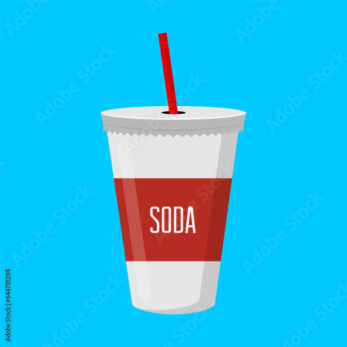 Disposable paper cup with drinking straw for cold drinks and soda isolated on blue background