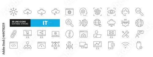 Set of 36 Information Technology line icons set. IT outline icons with editable stroke collection. Includes Computer, Link Building, Page Optimization, Analytics, Cloud Computing and More.