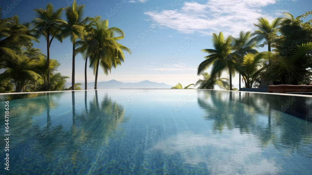 A luxurious infinity pool at a tropical resort on a sunny day.
