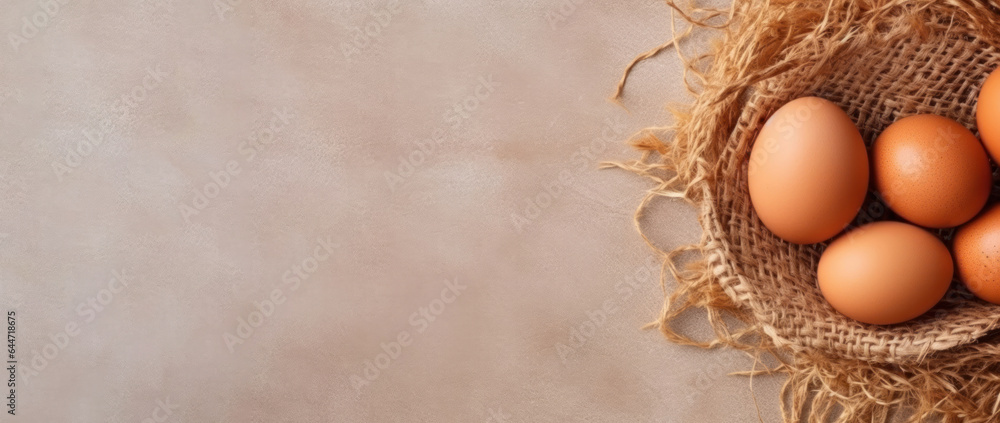 Raw brown chicken eggs on straw, flat lay. On the side a lot of negative space to place your copy.