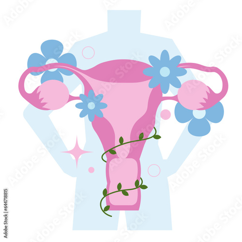 healthy flourish fertile uterus ovaries in flat illustration