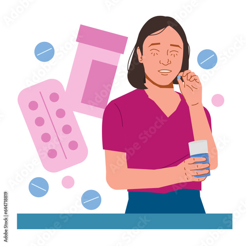 woman taking medicine for menstrual cramps in flat illustration