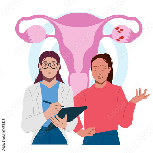 woman consult pcos uterus with gynecologist doctor in flat illustration