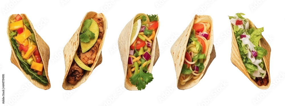 different Taco types isolated on transparent backgrounds . Generative AI