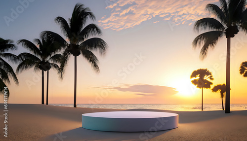 tree on sunset, A stylish product showcase platform, set against a beautiful palm beach, paradise, evening, coast, 