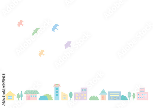 鳥が舞う、パステルカラーのメルヘン風街並みの罫線