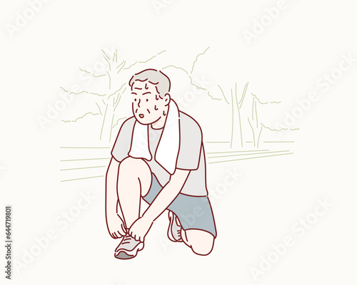 Sport old Man or Senior runner Tying Shoelaces getting ready jogging in park. Hand drawn style vector design illustrations.