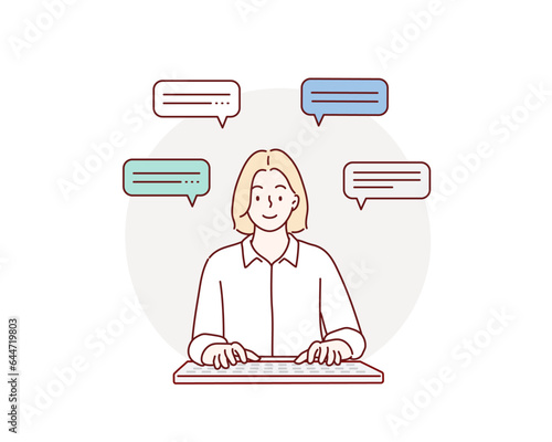 Working at a computer. A woman  sitting in front of a monitor and typing on a keyboard, front view. Hand drawn style vector design illustrations.