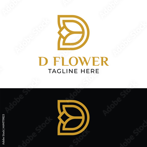 Luxury Letter D with Rose Tulip Flower for Fashion Beauty Spa Wellness Boutique Perfume Florist Logo Design Template