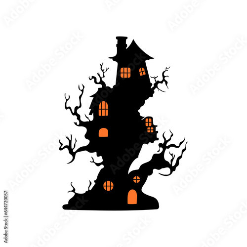 Haunted house with haunted trees Halloween vector illustration.