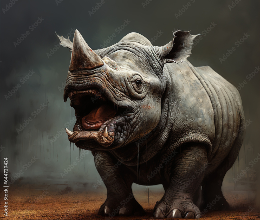 Obraz premium Image of rhinoceros with a funny face and open mouth wide. Wildlife Animals., Generative AI, Illustration.
