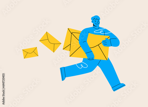 E-mail, messenger service concept. Man send,  deliver paper letters, emails, messages, spam, newsletters in envelopes. Vector illustration