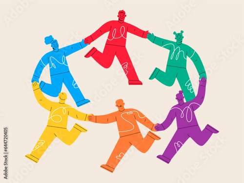 Happy young people holding hands together standing in circle performing round dance showing unity and togetherness. International friendship and togetherness concept. Vector illustration