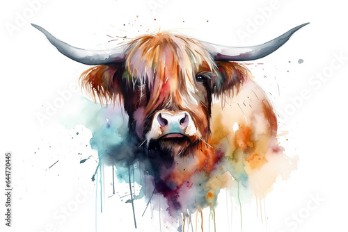 Image of bright colors watercolor highland cow painting on white background. Wildlife Animals., Generative AI, Illustration. photo