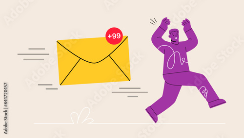 A frightened man is running away from emails chasing him. Vector illustration