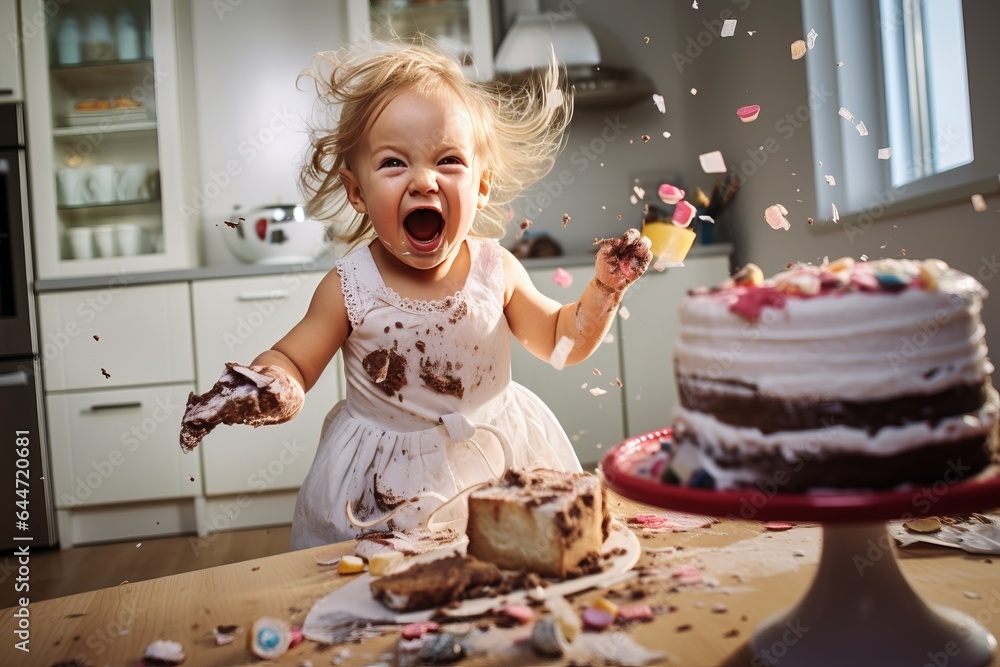 Φωτογραφία a playful hyperactive cute white toddler girl misbehaving and making a huge mess in a kitchen, throwing around cake and food at a birthday party celebration