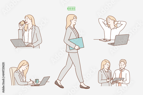 Business Woman Character and Office Employee Standing. energetic woman. Hand drawn style vector design illustrations.