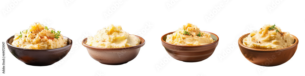 Spiced mashed potatoes in a closeup bowl transparent background Spiced mashed potatoes in a closeup bowl transparent background