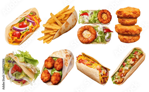 Fast food, street food, Pizza, roasted turkey, hamburger, scrambled eggs, brocheta, fried fish, tacos, french fries . Generative AI