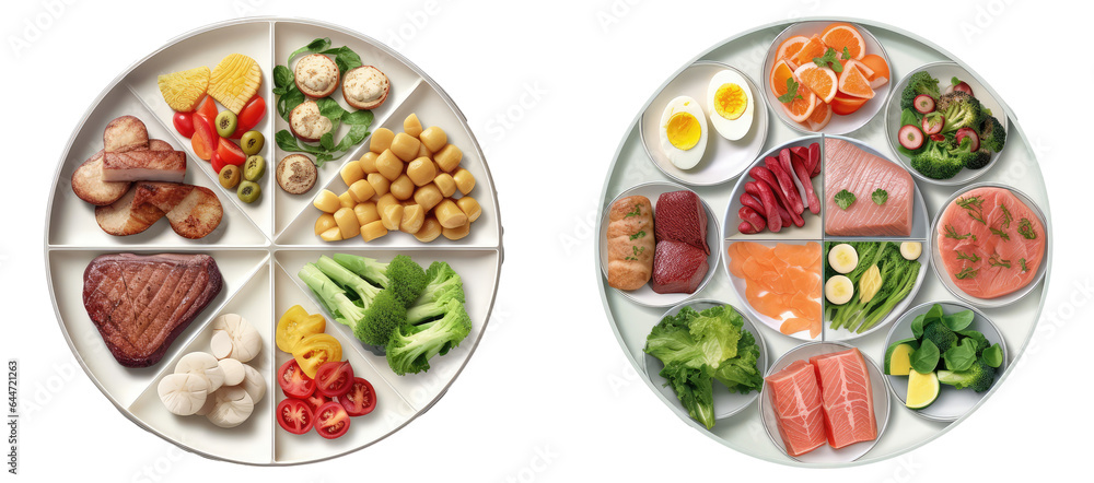 Delicious healthy lunch set on plates and bowls, salad, juicy meat, mashed potatoes . Generative AI Delicious healthy lunch set on plates and bowls, salad, juicy meat, mashed potatoes . Generative AI
