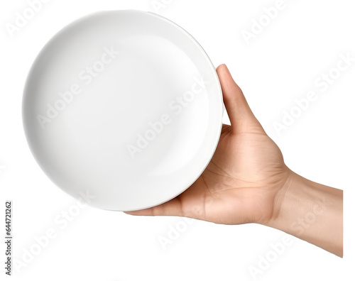 One white kitchen plate on human hand  isolated on transparent backgrounds . Generative AI