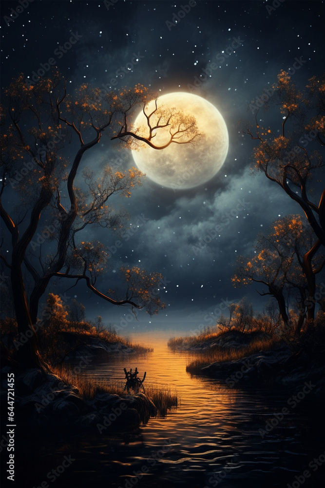 Fototapeta premium full moon night landscape with moon