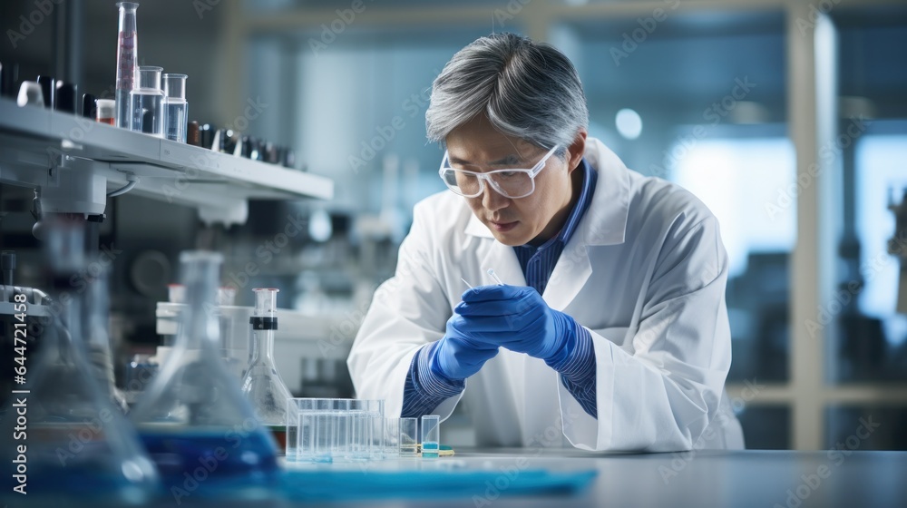 A researcher in a lab coat and gloves stands in a laboratory, focusing intently on the test tube in front of them as they unlock the secrets of chemistry and uncover new possibilities for medical adv A researcher in a lab coat and gloves stands in a laboratory, focusing intently on the test tube in front of them as they unlock the secrets of chemistry and uncover new possibilities for medical adv